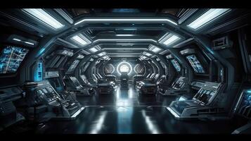 Grunge Spaceship interior with black background 3D rendering.. Created with photo