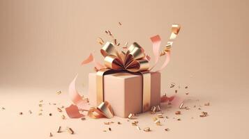 Gift box with golden ribbon on a beige background. Festive decoration of a gift, surprise..Created with generative AI photo