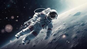 3d realista, un astronauta en un traje espacial moscas en espacio en contra el antecedentes de el planeta.. creado con generativo ai foto