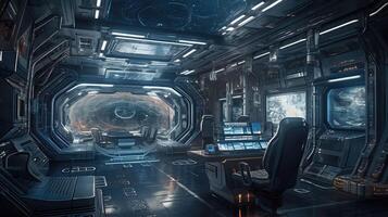 Grunge Spaceship interior with black background 3D rendering.. Created with photo