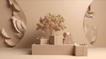 Podium, showcase on pastel stucco background. Abstract geometric composition with branch and shadow on the wall -3D render..Created with photo