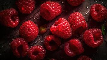 Full frame closeup of fresh ripe red healthy raspberries in pile on stall.. Created with photo