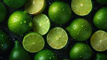 Slices of fresh and ripe lime with ice cubes, splashing water and mint leaves thrown in the air, flying and levitating on a bright green background. Created with generative AI photo