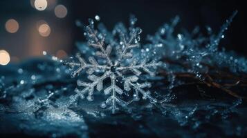 Navidad noche composición de copos de nieve en nieve con destellos.. creado con generativo ai foto