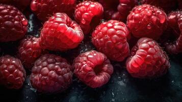 Full frame closeup of fresh ripe red healthy raspberries in pile on stall.. Created with photo