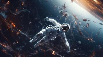 3D realistic, an astronaut in a spacesuit flies in space against the background of the planet.. Created with photo