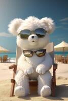 Polar bear sunbathing on the beach in black glasses.. Created with photo