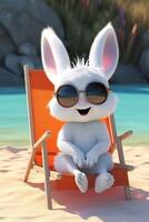 White rabbit sunbathing on the beach in black glasses.. Created with photo