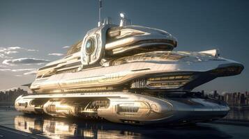 Fantasy spaceship scene against the backdrop of a futuristic city. This is a 3D rendering of the illustration.. Created with photo