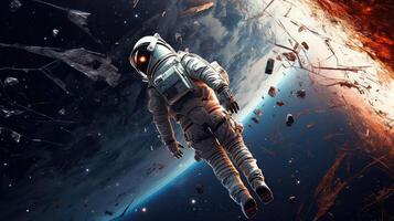 3d realista, un astronauta en un traje espacial moscas en espacio en contra el antecedentes de el planeta.. creado con generativo ai foto
