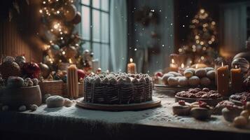 Navidad antecedentes con regalo cajas, ovillos de soga, documentos rollos y decoraciones en rojo. preparación para vacaciones. parte superior ver con Copiar espacio.. creado con generativo ai foto