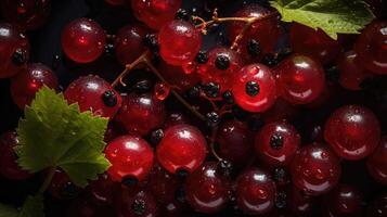 Texture of ripe red currant berries. Red currant natural background wallpaper banner. A lot of red berries of ripe currants. Farming concept, harvesting.. Created with photo