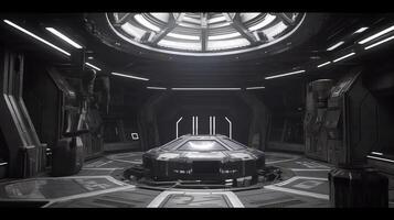 Grunge Spaceship interior with black background 3D rendering.. Created with photo