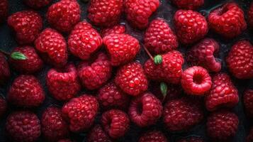 Full frame closeup of fresh ripe red healthy raspberries in pile on stall.. Created with photo