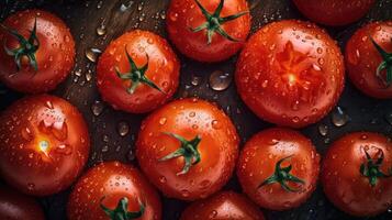 Tomatoes lying on a pile on top of each other, tomato texture. Selective focus.. Created with photo