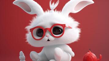 Toy hare on a white background. A cool red hare with black glasses.. Created with photo