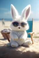 White rabbit sunbathing on the beach in black glasses.. Created with photo