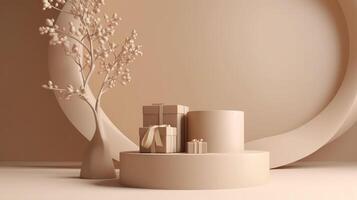 Podium, showcase on pastel stucco background. Abstract geometric composition with branch and shadow on the wall -3D render..Created with photo
