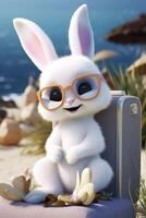 White rabbit sunbathing on the beach in black glasses.. Created with photo