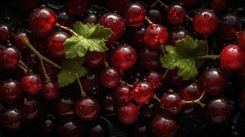 Texture of ripe red currant berries. Red currant natural background wallpaper banner. A lot of red berries of ripe currants. Farming concept, harvesting.. Created with photo