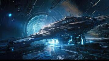 Grunge Spaceship interior with black background 3D rendering.. Created with photo