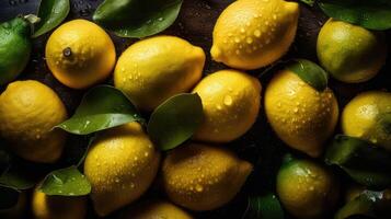 Ripe Yellow Lemons Close-up Background Or Texture. Lemon Harvest, Many Yellow Lemons.. Created with photo