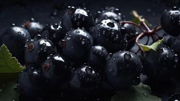 Juicy berries of black currant, background, Water droplets on black currant.. Created with photo
