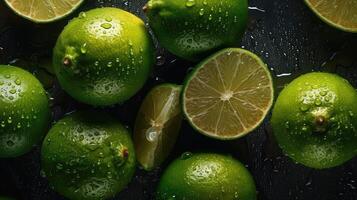 Slices of fresh and ripe lime with ice cubes, splashing water and mint leaves thrown in the air, flying and levitating on a bright green background. Created with photo