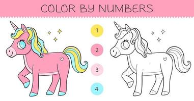 Color by numbers coloring book for kids with cute unicorn. Coloring page with cartoon unicorn with an example for coloring. Monochrome and color versions. Vector illustration.