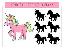 Find the correct shadow game with unicorn. Educational game for children. Cute cartoon horse unicorn. Shadow matching game. Vector illustration.