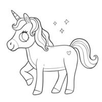 Unicorn coloring book for kids. Horse Coloring page. Monochrome black and white illustration. Vector children's illustration.