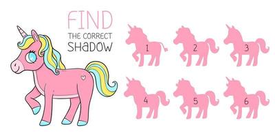 Find the correct shadow game with horse unicorn. Educational game for children. Cute cartoon unicorn. Shadow matching game. Vector illustration.