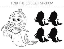 Find the correct shadow coloring book with mermaid. Coloring page educational game for kids. Cute cartoon mermaid. Shadow matching game. Vector illustration.