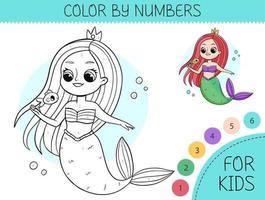 Color by numbers coloring page for kids with cute mermaid. Coloring book with cartoon mermaid with an example for coloring. Monochrome and color versions. Vector illustration.