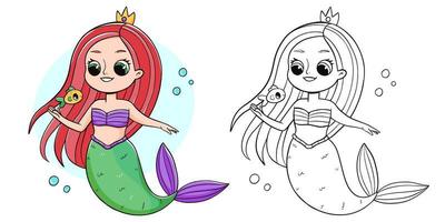 Mermaid coloring book with coloring example for kids. Coloring page with mermaid. Monochrome and color version. Vector children's illustration.