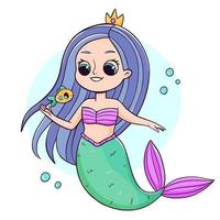 Cute mermaid with fish in cartoon doodle style. Vector mermaid isolated illustration.