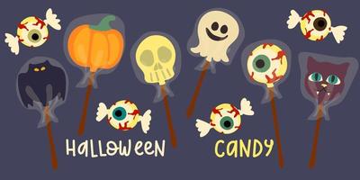 A set of colorful Halloween sweets for kids. Vector candies are decorated with Halloween elements and ornaments made in traditional October holiday colors. Lollipops on a stick and in a package.