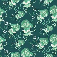 Vector print with a seamless pattern of a green jellyfish on a dark background. Jellyfish swim in different directions. Design of vector illustrations for fashionable fabrics, textile graphics, prints