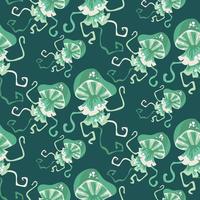 Vector print with a seamless pattern of a green jellyfish on a dark background. Jellyfish swim in different directions. Design of vector illustrations for fashionable fabrics, textile graphics, prints