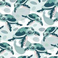 Vector print with a seamless turtle pattern on a background of spots, sea bubbles. Turtles swim in different directions. Design of vector illustrations for fashionable fabrics, textile graphics prints