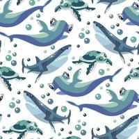 Vector seamless pattern with Hammerhead, ordinary shark and turtles with bubbles. Cute animals are swimming everywhere. Design of vector illustrations for fashionable fabrics, textile graphics, prints