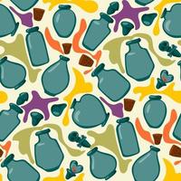 A pattern of empty glass jars from which the potion poured out. Colored potion, jars, splashes, puddles. Background in the Halloween color scheme. Printing gift packaging, textiles Abstract background vector