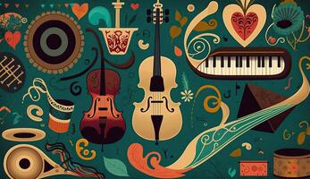 . . Abstract music sound audio pattern background with music instruments. Graphic Art photo