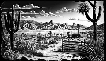 . . Native american western scene background with and rocks landscape. Can be used for home decoration. Wild west. Black and white. Graphic Art photo