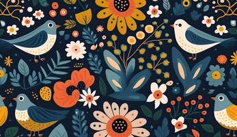 . . Abstract botanic floral flowers abstract pattern with birds. Graphic Art photo