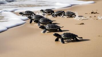 . . Macro shot of turtles running to the water ocean sea. Photo of national geography style. Graphic Art