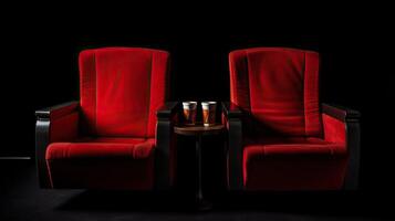 ai generado. ai generativo. romántico amor dos sillas para encantador Pareja a privado cine película teatro cerca arriba fotografía. gráfico Arte foto