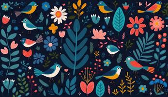 . . Abstract botanic floral flowers abstract pattern with birds. Graphic Art photo