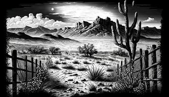 . . Native american western scene background with and rocks landscape. Can be used for home decoration. Wild west. Black and white. Graphic Art photo