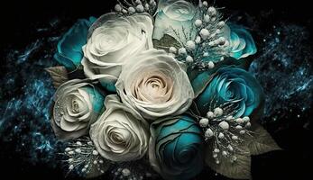 . . Macro photo shot of beautiful realistic wedding white roses. Cold winter snow romantic vibe. Graphic Illustration